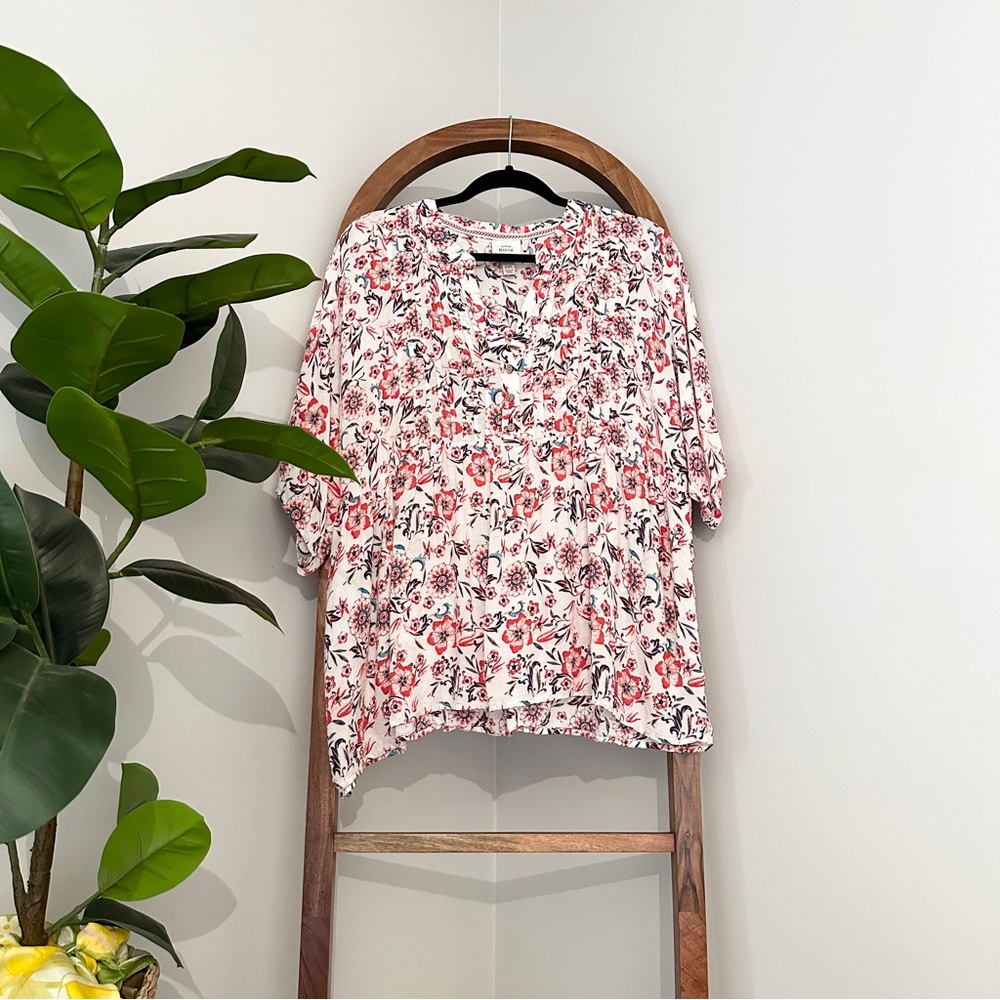 Knox Rose XXL Pink White Floral Short Sleeve Babydoll Blouse Top